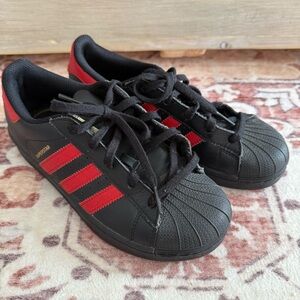 Adidas Kids Black and Red Superstar Sneakers